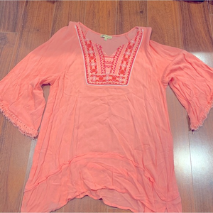 DEMOCRACY Fringe Sleeve Tunic‎ Blouse Top S Small Coral Pink